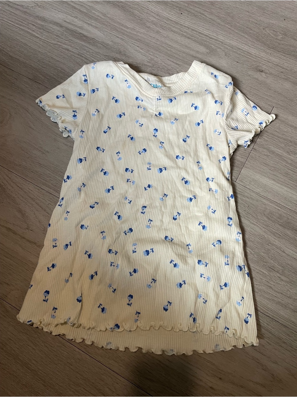 Girls' Cream Ribbed Short-Sleeve Tee with Blue Floral Print